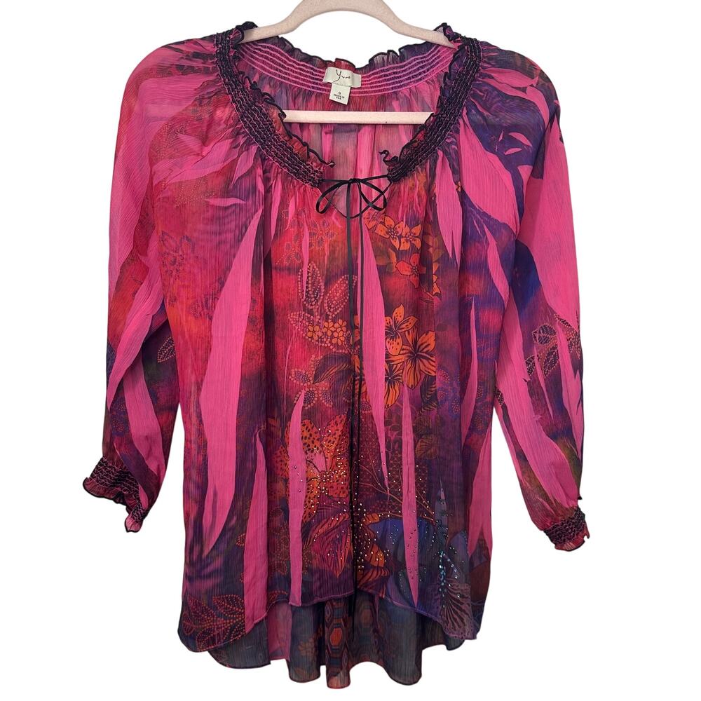 Sm Y2K VTG Sheer Pink Floral Rhinestone Blouse USA Made Boho Fairy Grunge Whimsy